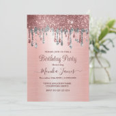Elegante Rose Gold Silver Glitzer Tropfen Geburtst Einladung (Stehend Vorderseite)