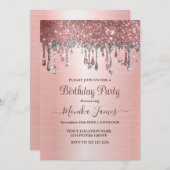 Elegante Rose Gold Silver Glitzer Tropfen Geburtst Einladung (Vorne/Hinten)