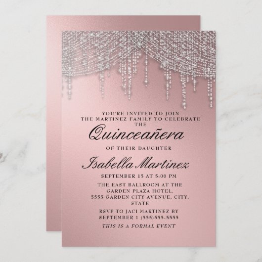 Elegante Rose Gold Silver String Lights Quinceañer Einladung (Vorne/Hinten)