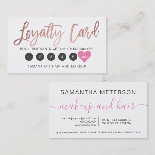 Elegante Rose Gold-Skript-Make Haar rosa Herz Treuekarte (Vorne/Hinten)