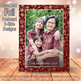 Elegante Rose Gold Snowflakes Foto Rahmen Burgund Folien Feiertagspostkarte