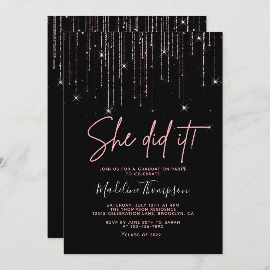 Elegante Rose Gold Sparkling Sie tat es Abschluss Einladung (Vorne/Hinten)