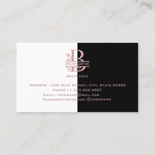 Elegante Rose Gold Split Custom Monogram Letter B Visitenkarte (Rückseite)