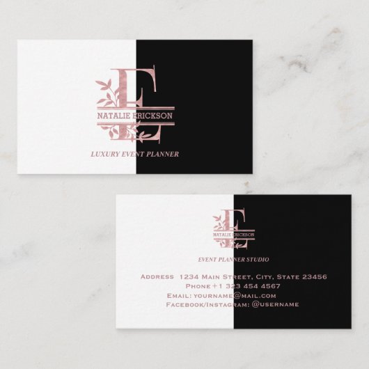 Elegante Rose Gold Split Custom Monogram Letter E Visitenkarte (Vorne/Hinten)