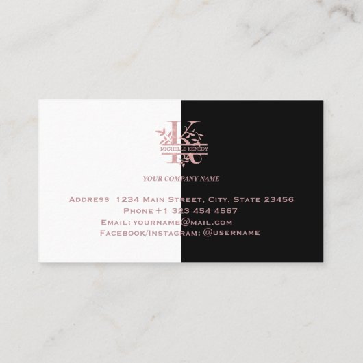 Elegante Rose Gold Split Custom Monogram Letter K Visitenkarte (Rückseite)