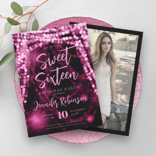 Elegante Rose Gold String Lights Foto Sweet 16 Einladung