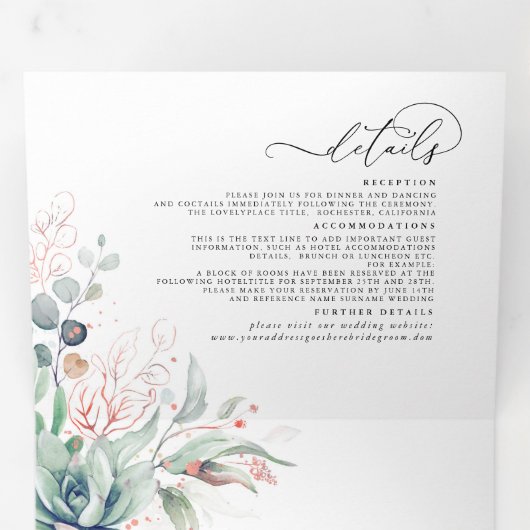 Elegante Rose Gold Succulents Grüne Hochzeit Dreifach Gefaltete Einladung (Innen Erste Seite)