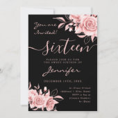 Elegante Rose Gold Sweet 16 Glitzer Blumenschwarz Einladung (Vorderseite)