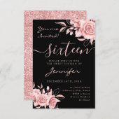 Elegante Rose Gold Sweet 16 Glitzer Blumenschwarz RSVP Karte (Vorne/Hinten)