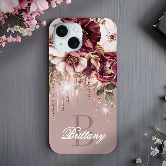 Elegante Rose Gold Tropfen Burgundy Floral Monogra Case-Mate iPhone Hülle