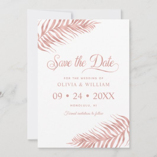 Elegante Rose Gold Tropical Palm Leaf Wedding Rett Save The Date (Vorderseite)