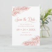 Elegante Rose Gold Tropical Palm Leaf Wedding Rett Save The Date (Stehend Vorderseite)