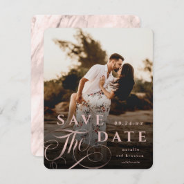 Elegante Rose Gold Typografie & Marble Back Foto Save The Date