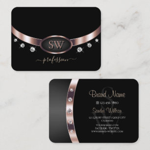 Elegante Rose Gold und Black Initials Rhinestones Visitenkarte