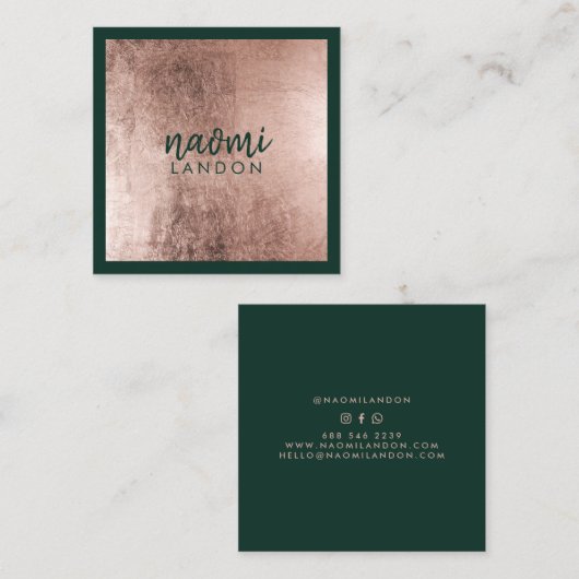 Elegante Rose Gold und dunkelgrüne moderne Minimal Quadratische Visitenkarte (Vorne/Hinten)