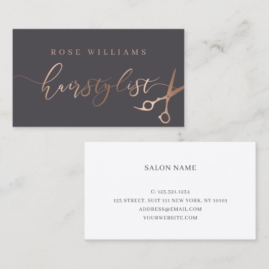 Elegante Rose-Gold- und Grauscheren-Friseursalon Visitenkarte (Vorne/Hinten)