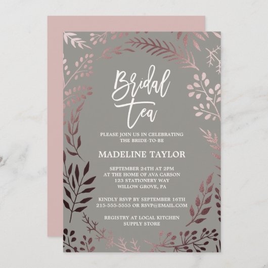 Elegante Rose Gold und Gray Bridal Tea Party Einladung (Vorne/Hinten)