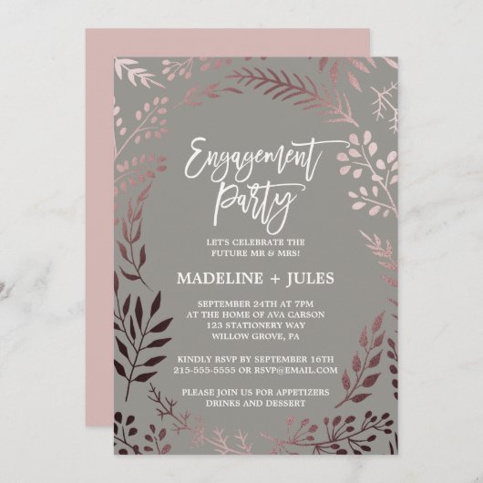 Elegante Rose Gold und Gray Engagement Party Einladung (Vorne/Hinten)