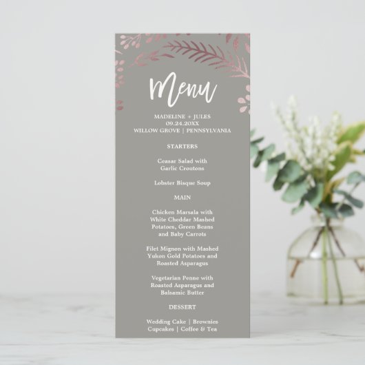 Elegante Rose Gold und Gray Wedding Menu Card Menükarte (Stehend Vorderseite)