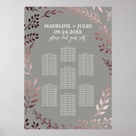 Elegante Rose Gold und Gray Wedding Seating Chart Poster (Vorne)
