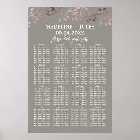 Elegante Rose Gold und Gray Wedding Seating Chart Poster (Vorne)
