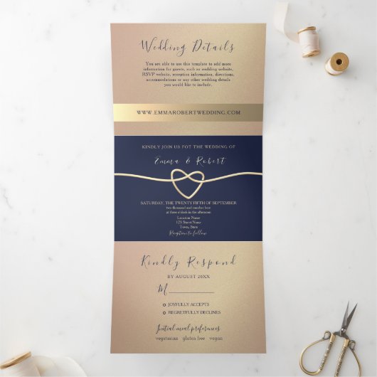 Elegante Rose Gold und Navy Blue Wedding Dreifach Gefaltete Einladung (Innenseite)