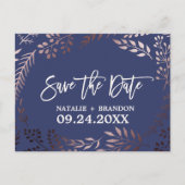Elegante Rose Gold und Navy Hochzeit speichern das Ankündigungspostkarte (Vorderseite)