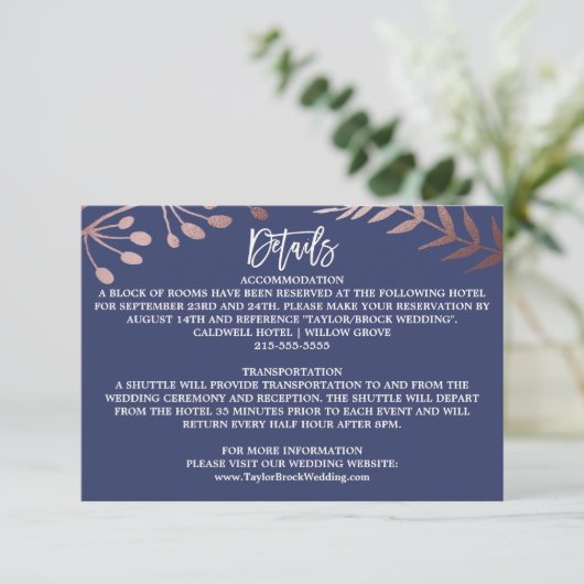 Elegante Rose Gold und Navy Wedding Details Card Begleitkarte (Stehend Vorderseite)