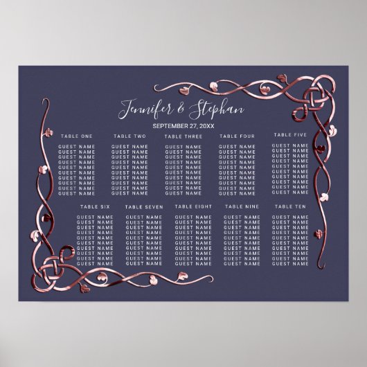 Elegante Rose Gold Vines Navy Blue Seating Chart Poster (Vorne)
