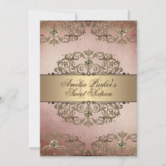 Elegante Rose Gold Vintag Damask 16 . Geburtstag Einladung (Vorderseite)