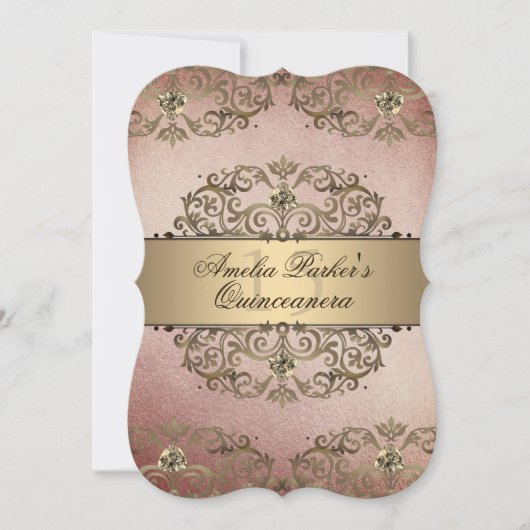 Elegante Rose Gold Vintag Damask Quinceanera Einladung (Vorderseite)