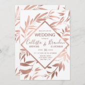 Elegante Rose Gold Weiße Blätter Hochzeit Einladung (Vorne/Hinten)