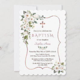 Elegante Rose Gold Weißer Creme Blume Taufe Einladung