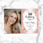Elegante Rose Gold Weißes Foto 50. Geburtstag Einladung<br><div class="desc">Elegante florale feminine 50. Geburtstagseinladung mit Ihrem Foto. Glam-Design mit Imitaten Rose Gold. Ermöglicht Rosen in Rosa,  Skript-Schriftart und Konfetti. Ideal für ein stilvolles Party für Erwachsene. Personalisieren Sie Ihre persönlichen Daten. Kann für jedes Alter angepasst werden! Gedruckte Zazzle Einladungen oder Sofortdownload digitalen druckbaren Vorlage.</div>