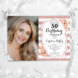 Elegante Rose Gold Weißes Foto 50. Geburtstag Einladung<br><div class="desc">Elegante florale feminine 50. Geburtstagseinladung mit Ihrem Foto. Glam, weiß und rot rosa Design mit Imitaten Glitzer Rose Gold. Enthält Streifen, rote Rosen, Skript-Schriftart und Konfetti. Ideal für ein stilvolles Party für Erwachsene. Personalisieren Sie Ihre persönlichen Daten. Kann für jedes Alter angepasst werden! Gedruckte Zazzle Einladungen oder Sofortdownload digitalen druckbaren...</div>