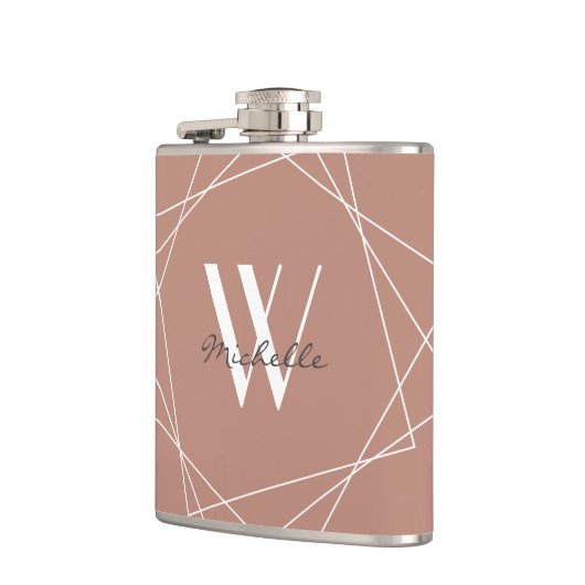 Elegante Rose Gold White Monogram Geometric Name Flachmann (Links)