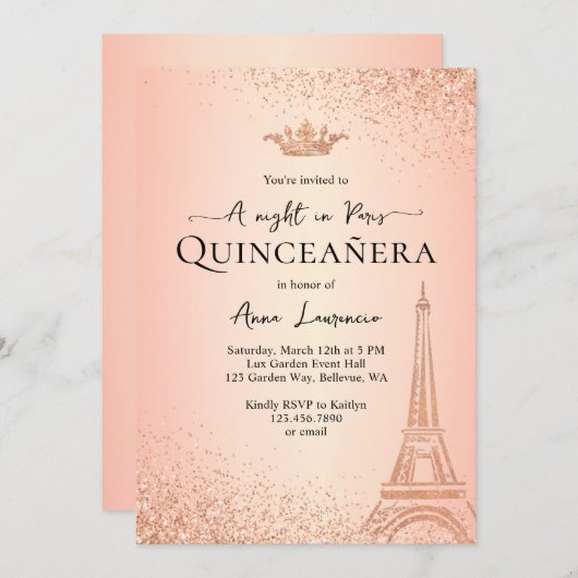 Elegante Rose Golden Paris Night Theme Quinceanera Einladung (Vorne/Hinten)