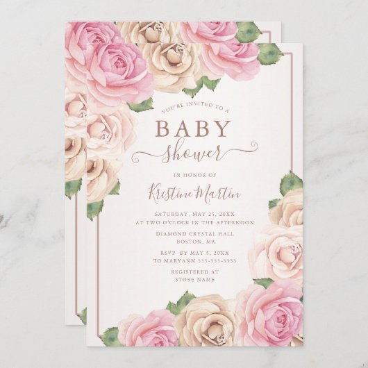 Elegante Rose Goldene Aquarellblütendusche Einladung (Vorne/Hinten)