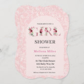 Elegante Rose Goldene Blumenbriefe Girl Baby Dusch Einladung (Vorne/Hinten)