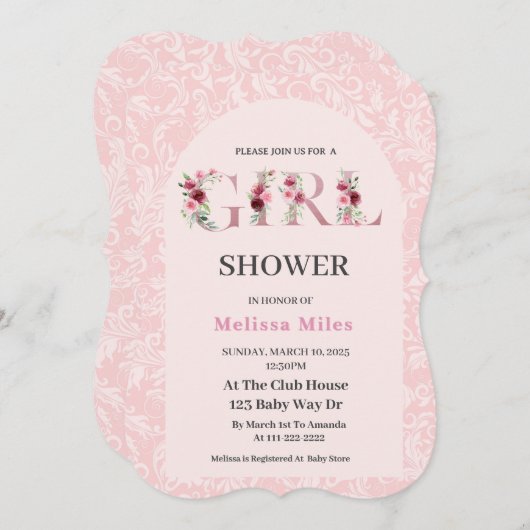 Elegante Rose Goldene Blumenbriefe Girl Baby Dusch Einladung (Vorne/Hinten)