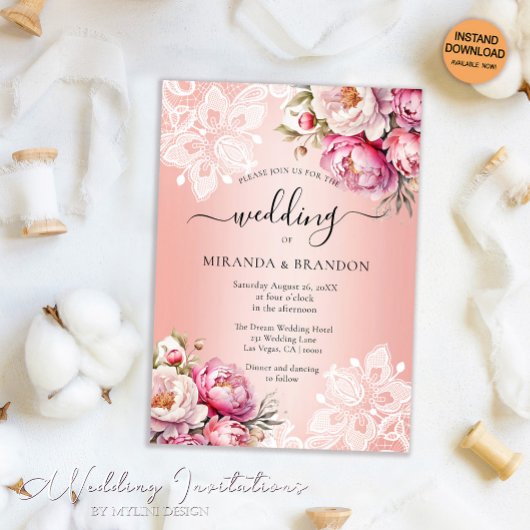 Elegante Rose Goldene Flora Hochzeit Einladung