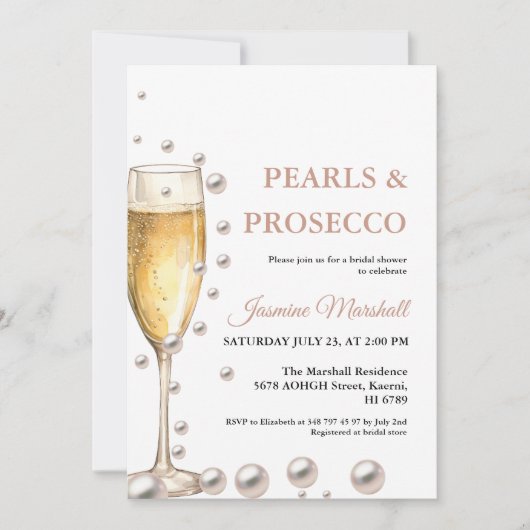 Elegante Rose Goldene Perlen & Prosecco Brautparty Einladung (Vorderseite)