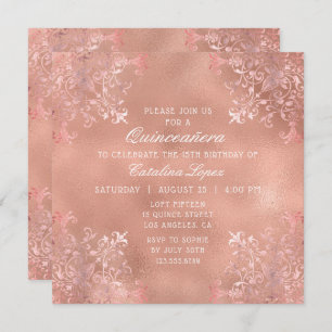 Elegante Rose Goldene Verzierte Flora Quinceñera Einladung