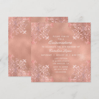Elegante Rose Goldene Verzierte Flora Quinceñera Einladung