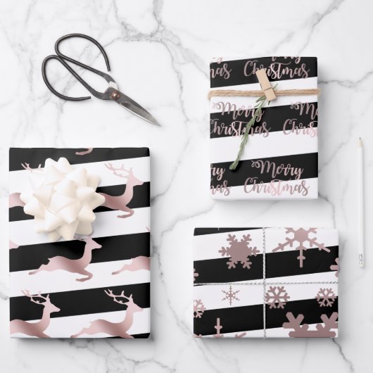 Elegante Rose goldenes Weihnachtsmuster gestreift Geschenkpapier Set (Vorderseite)