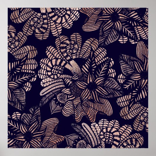 Elegante Rose Goldflorale Zeichnungen auf Navy Blu Poster (Vorne)