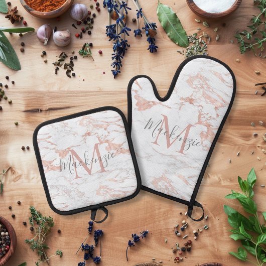 Elegante Rose Goldfolie Weißes Marmor Monogramm Ofenhandschuh & Topflappen-Set