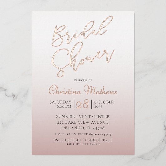 Elegante Rose Goldkalligrafie Brautparty Foil I Folieneinladung (Vorderseite)