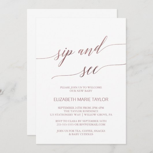 Elegante Rose Goldkalligrafie Sip and See Einladung (Vorne/Hinten)