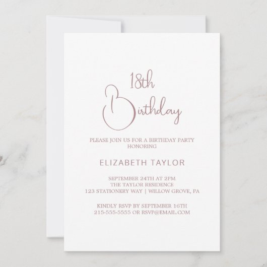 Elegante Rose Goldkalligraphie 18. Geburtstag Einladung (Vorderseite)